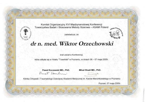 Certyfikat Dr. Med. Orzechowski Wiktor Gabinet Ortopedii