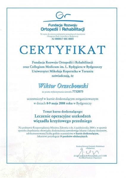Certyfikat Dr. Med. Orzechowski Wiktor Gabinet Ortopedii