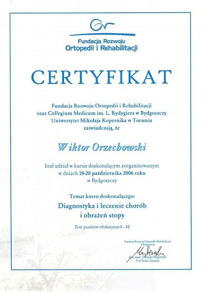 Certyfikat Dr. Med. Orzechowski Wiktor Gabinet Ortopedii