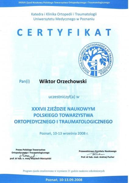 Certyfikat Dr. Med. Orzechowski Wiktor Gabinet Ortopedii