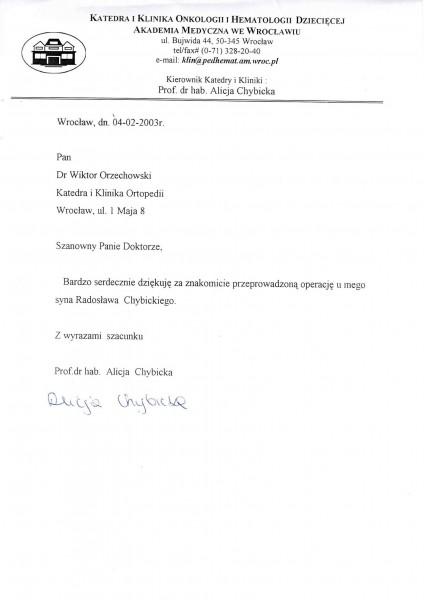 Certyfikat Dr. Med. Orzechowski Wiktor Gabinet Ortopedii